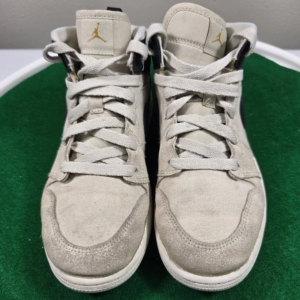 Nike Air Jordan 1 Mid Shoes‎ Kids 3Y Light Bone Metallic Gold 640734-023  Suede